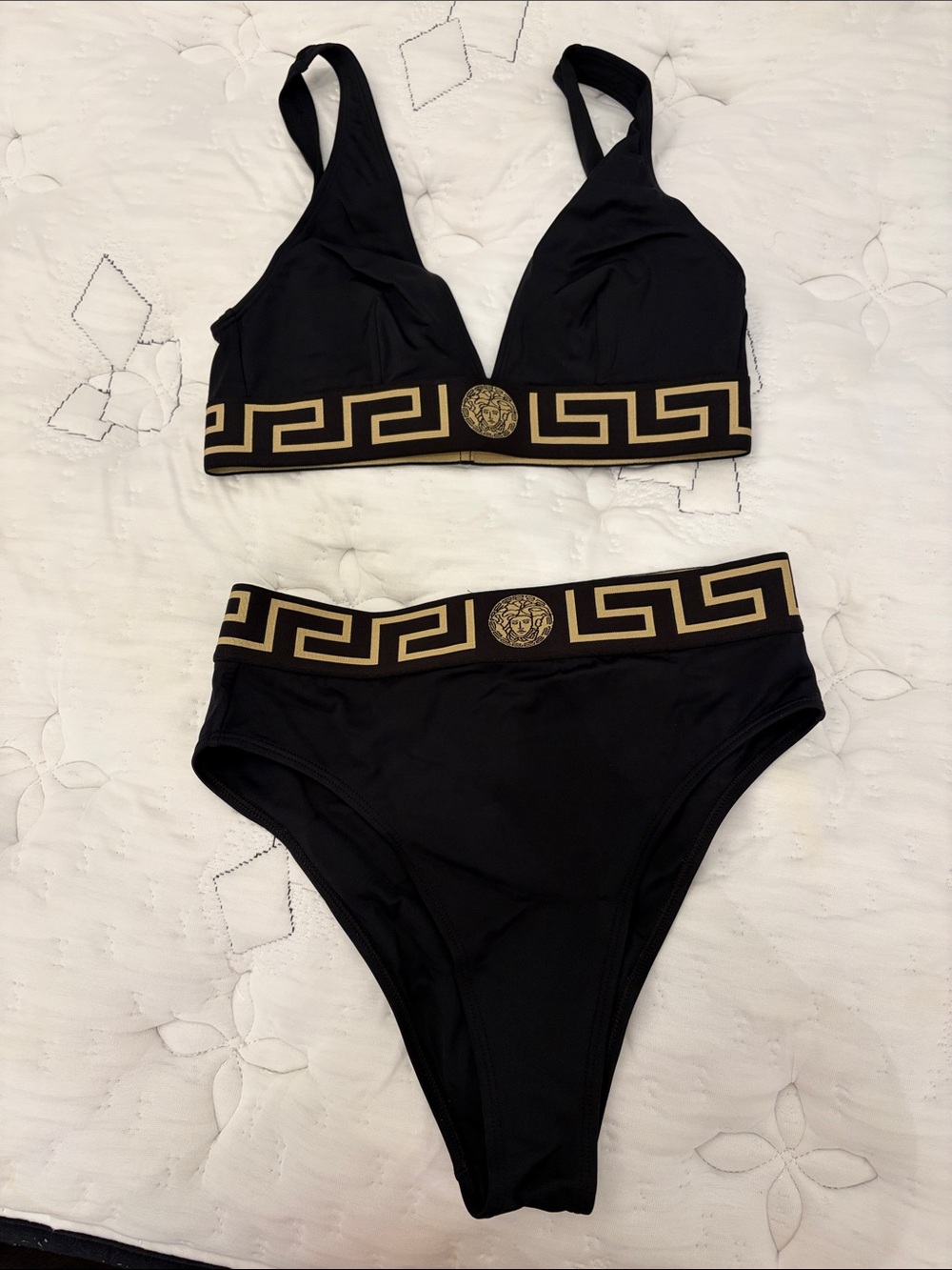 Versace Black & Gold Logo-Trim Bikini Set